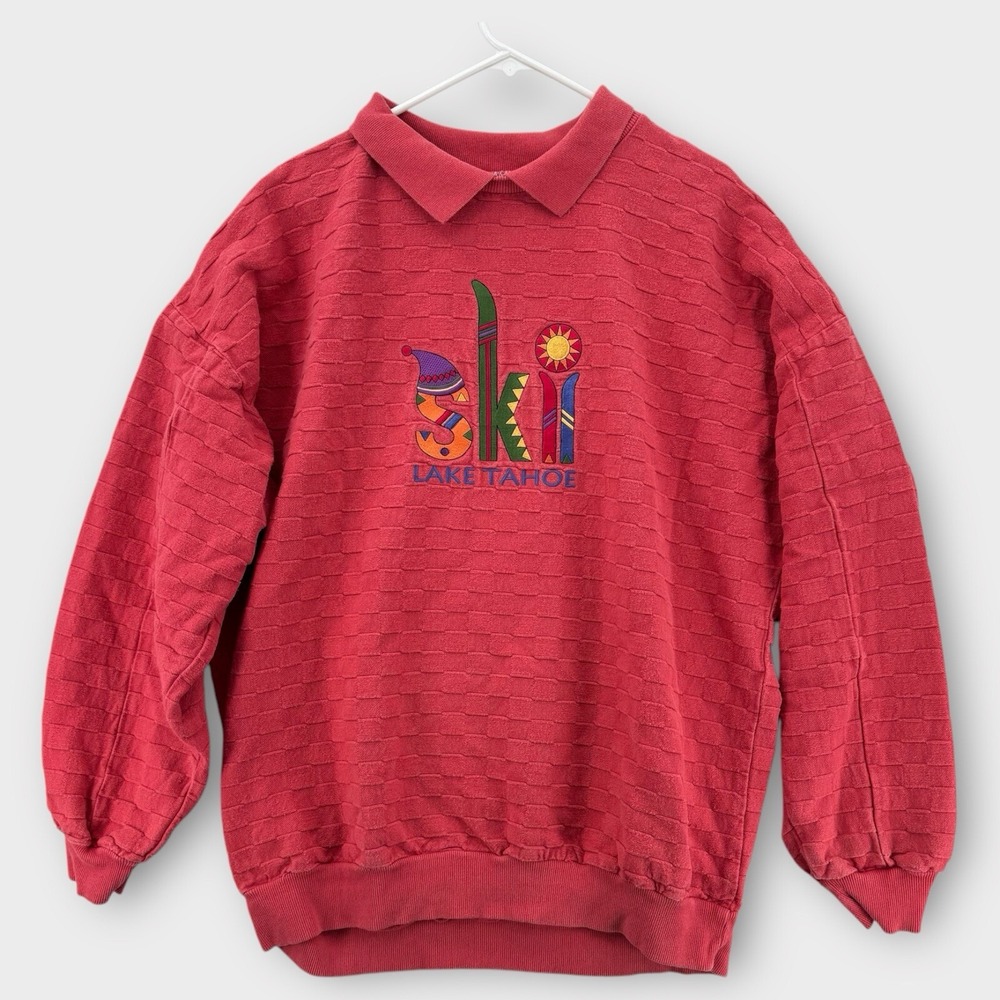 Vintage Lake Tahoe Crazy Shirts Sweatshirt Mens XL Collared Ski Golf Textured